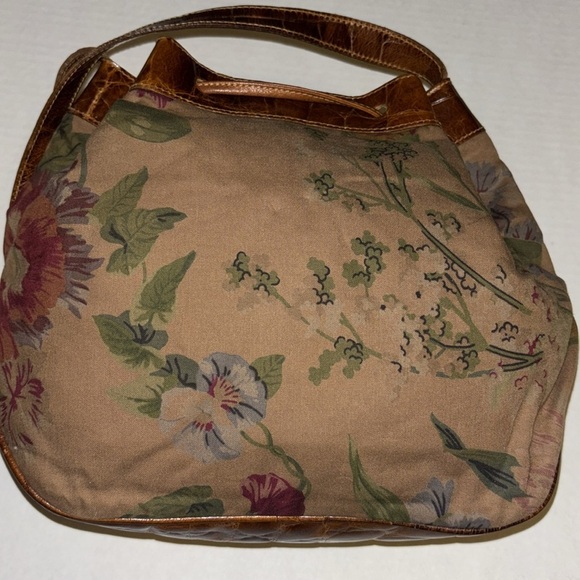 FURLA BRAND DARK TAN FLORAL CLOTH BUCKET LSTYLE BAG WITH LEATHER TIE CLOSURE❤️ - Picture 13 of 16